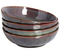 Set of 4 Deep Plates Pasta Bowl Stoneware Kaolin Handmade Reactive Glaze Finish Dark Green Thyme