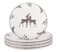Set of 4 Dinner Plates - Hand Painted Grey & White Reindeer Stoneware Crockery Dishwasher & Microwave Safe Christmas Reindeer Dinnerware Set