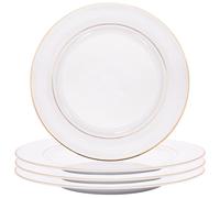Happy Homewares Set of 4 Premium Durable White Gloss Ceramic Dinner Plates with Elegant Dual Shiny Gold Metallic Rims - Dishwasher Safe