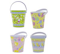 Set of 4 Easter Egg Hunt Bucket Tin | Pack of 4 Easter Basket Tin Easter Egg Collection Bucket With Handle | Candy Bucket Pail Easter Gifts