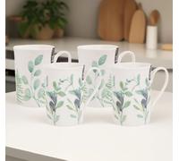 Set of 4 Eucalyptus Mugs - Botanical Coffee Mugs - Slim Drinking Mug Set New Bone China - 9oz Cups for Afternoon Tea Coffee hot Chocolate - Floral Mugs.