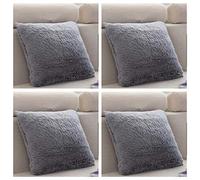 SET OF 4 - Extra Soft Teddy Bear Faux Fur Fleece Cushion Covers 45cm x 45cm / 18x18-14 Amazing Colours (Grey)