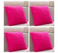SET OF 4 - Extra Soft Teddy Bear Faux Fur Fleece Cushion Covers 45cm x 45cm / 18x18-14 Amazing Colours (Pink)