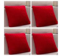 SET OF 4 - Extra Soft Teddy Bear Faux Fur Fleece Cushion Covers 45cm x 45cm / 18x18-14 Amazing Colours (Red)
