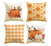 Set of 4 Fall Pumpkin Home Sweet Home Throw Pillow Covers, 18 x 18 Inch Autumn Thankful Grateful Blessed Harvest Floral Decorations for Sofa Couch, Orange