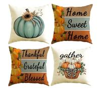 Set of 4 Fall Pumpkin Home Sweet Home Throw Pillow Covers, 18 x 18 Inch Autumn Thankful Grateful Blessed Harvest Floral Decorations for Sofa Couch, Bule