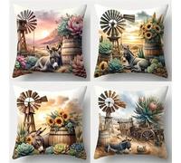 Set of 4 Farm Scenery Decorative Throw Pillow Covers 60x60 cm Flower Donkey Velvet Cushion Covers Double-Sided Square Sofa Pillowcase for Outdoor Furniture Garden Living Room