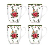 Set of 4 Festive Holly Robin and Poinsettia Christmas Mugs Xmas Gift Porcelain Mug Set Festive