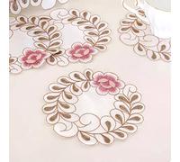 Set of 4 Floral Embroidery Table Mats, Openwork Fabric Coasters, Round Flower Shape Mat, Place Mats, Doilies, Cup Coasters for Dining Room, Kitchen, Banquet, Wedding Decoration, 15 cm, Pink