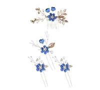 Set of 4 Flower Hair Accessories, Hair Combs Hair Pins Set, Elegant Pearls U-Shaped Clip, Bridal Jewellery, Wedding Hair Clips, Headpiece for Hair, for Party, Prom, Wedding, Dinner, Royal Blue