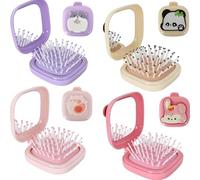 Set of 4 Folding Hair Brushes, Mini Square Brush, Cushion Comb, Cartoon Design, Portable with Mirror, Suitable for Travel Use, Massage Scalp