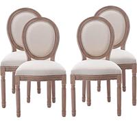 Set of 4 French Country Dining Chairs Farmhouse Fabric Oval Side Chairs with Round Back Rubber Wood Legs for Living Room Kitchen Restaurant - Beige