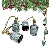 Set of 4 Galvanized Rustic Christmas Bells - Vintage Silver Shabby Chic Harmony Cow Bells Hanging on Jute Rope, Metal Chime Garland for Christmas Tree, Doorway & Holiday Home Decor