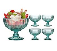 Set of 4 Glass Dessert Bowls Turquoise Baroque Embossed Ice Cream Dishes | Dishwasher Safe, Footed Bowls, Embossed Glassware, Coloured Glass, Alfresco Dining