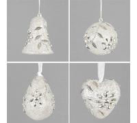 Set of 4 Glitter & Gem Christmas Tree Hanging Decorations - Silver Olive Flower