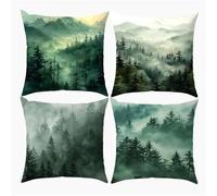 Set of 4 Green Landscape Decorative Throw Pillow Covers 50x50 cm Misty Woods Velvet Cushion Covers Double-Sided Square Sofa Pillowcase for Outdoor Furniture Garden Living Room