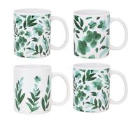 Set of 4 Green Leaf Abstract Print Eucalyptus Mugs - 11 Ounce 325ml - Floral Design White - Tea Coffee Cups Latte Cappuccino Hot Chocolate Drinks - Home Kitchen Work Office Mug Set