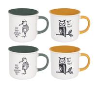 Set of 4 Green & Yellow Bird Themed Mugs - 12 Ounce 370ml Modern Contemporary - Tea Coffee Cups Latte Cappuccino Hot Chocolate Drinks - Home Kitchen Work Office Mug Set Retro Positivity