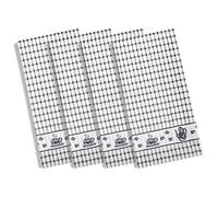 Set of 4 Grey Terry Tea Towels, Four Pack Tea Time Check Terry Waffle Kitchen Towels, Luxury 100% Cotton Large Absorbent Tea Towel Packs, Traditional Checked Coffee Pot Tea Cup Design Teatowels