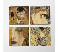 Set of 4 Gustav Klimt Masterpieces Quatro Coaster | Artistic Stone Drink Coasters with Felt Backing | Unique Abstract, Retro, Animal Print Patterns for Modern Table & Wall Decor