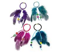 Set of 4 Handmade Boho Elastics Feather Hair Rope Ponytail Holders Hippie Hair Band Headbands Head Wrap Gypsy Hair Tie for Girl Women (Colour Random)