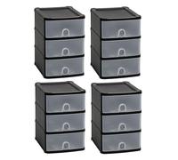 [SET OF 4] - Handy 3 Tier Drawers Multilayer Plastic Storage Tower Unit Black/Clear Storage Chest Desktop Tabletop Unit with Drawers Stationary Files Makeup Organiser For Office, Bedroom, Garage.