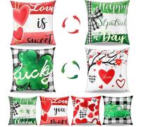 Set of 4 Happy Valentine's Day St. Patrick's Day Pillow Covers 18x18In Double Sided Linen Pillowcases Heart Love Shamrock Lucky Throw Cushion Cover for Spring Holiday Home Room Couch Sofa Bed Decors