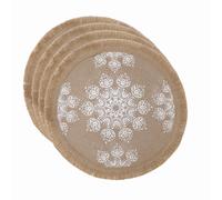 Set of 4 Hessian Placemats, Round Table Mats with White Floral Pattern, 42cm Creative Tops White One Size