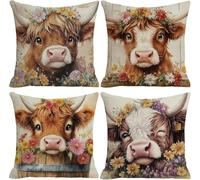 Set of 4 Highland Cow Pillow Covers 18x18 Inch, Floral Farmhouse Throw Pillows, Cute Highland Cow Decor for Sofa, Couch, Bedroom, Country Style Cushion Covers, Comfortable and Stylish Accent Pillows
