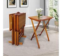 Set of 4 Honey Solid Wood Folding Snack Tables with Storage Rack - Versatile TV Trays for Snacks, Meals & Work - Space-Saving Design for Living Room & Office