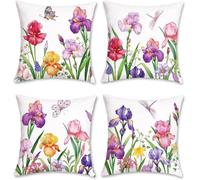 Set of 4 Iris Butterfly Decorative Throw Pillow Covers 30x30 cm Flower Velvet Cushion Covers Double-Sided Square Sofa Pillowcase for Outdoor Furniture Garden Living Room