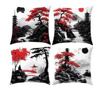 Set of 4 Japanese Ink Decorative Throw Pillow Covers 50x50 cm Red Black Velvet Cushion Covers Double-Sided Square Sofa Pillowcase for Outdoor Furniture Garden Living Room