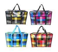 Set of 4 Large Reusable Unbreakable Hard Plastic Fabric Checkered Laundry Bags with Zipper and Handles for Travel, Grocery, Laundry, Shopping, Storage, Moving,Size:(19.5"x13.5"x7.5")- Colors may vary