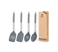 Set of 4 Large Silicone Cooking Utensils, Non Stick, Solid Spatulas, Heat Resistant, Black Slotted Spoons, Ideal BPA Free Kitchen Tongs for Frying, Mixing, Serving, Draining