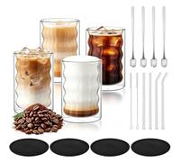 Set of 4 Latte Macchiato Glasses Double-Walled, 350 ml Double-Walled Glasses with 4 Spoons and 4 Pads and 4 Straws and 2 Straw Brushes, Coffee Glasses Cappuccino Cups