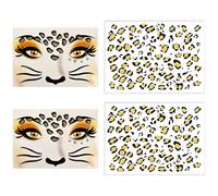 Set of 4 Leopard Face Tattoos, with Glittering Face Print and Reflective Body Tattoo, Stickers, Make-Up, for Halloween, Leopard Cosplay, Carnival and Festival Party Makeup