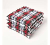 HOMESCAPES Red and Green Tartan Seat Pad Cushion for Dining Chairs Set of 4 100% Cotton Chair Pad with Straps 40 x 40 cm