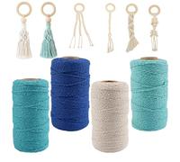 Set of 4 Macrame Yarn Set, 2 mm x 100 m, Macrame Thread Natural, 100% Cotton, Coloured Cotton Yarn, Boho Decorative Cotton Cord, Cotton Rope for Wall Hanging, DIY Crafts, Dream Catcher, Hanging Plant