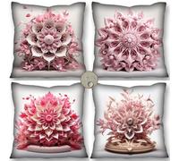 Set of 4 Mandela Pink Cushion Covers 40cm x 40cm : Decorative Throw Pillows for Bed Home Decor Living Room Sofa Garden Furniture - Extra Large Outdoor Cushions Waterproof Linen Covers Boho and Modern