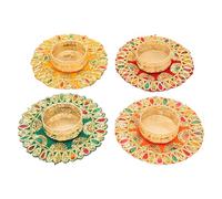 Set of 4 Mat Aasan Rangoli with Tea Light Candle Holder T-Light Stand for Home Made up of Velvet cloth Golden Embroideries for Diwali Festival Diwali Decorations (Size:-4")(Red,Green,Orange,Yellow)