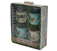 Set of 4 Metal Farm Friend Bucket Design Cockerel Handle Boiled Egg Cups Buckets
