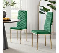 Set of 4 Milan High Back Soft Touch Diamond Pattern Velvet Dining Chairs With Gold Chrome Metal Legs FurnitureboxUK Green One Size