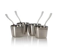 Set of 4-Mini Stainless Steel Excellent Quality Ramekins with Long Handles. Elegant Mini Pie Pans Never Rusted, Individual Baking Cocottes, Small heatproof Dishes for hot Appetizer or Warm Desert.