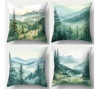Set of 4 Misty Woods Decorative Throw Pillow Covers 30x30 cm Green Scenery Velvet Cushion Covers Double-Sided Square Sofa Pillowcase for Outdoor Furniture Garden Living Room