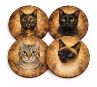 Set of 4 Mixed Cat Art Coasters, 9cm Round, MDF with Cork Backing, Heat and Moisture Protection