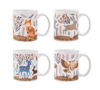 Set of 4 Mugs Woodland Animal Forest 11oz Cup Fox Deer Rabbit Owl Boho Designs Microwave Dishwasher Safe Kitchen Coffee Tea Mug Durable AB Grade Stoneware 8cm x 9.5cm