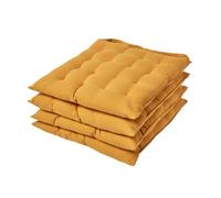 (Set of 4, Mustard Yellow) Plain Seat Pad with Button Straps 100% Cotton