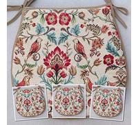 SET OF 4 NEW WORLD TAPESTRY RANGE FABRIC TIE ON CHAIR SEAT PADS (For Seats Approx.14" Wide X 14" Deep) FLORAL/BIRD PATTERN
