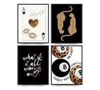 Set of 4 No Framed Black Trendy Retro Cheetah Lucky 8 Ball Wall Art Prints, Black Room Decor Aesthetic, What If It All Works Out Positive Affirmations Wall Decor for Girls Dorm Bedroom 08x10inch