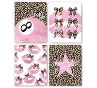 Set of 4 No Framed Coquette Pink Leopard Wall Art Posters, Cheetah Print Room Decor, Preppy Girly Leopard Bow Lucky 8 Ball Lips Star Canvas Prints Artwork Wall Decor 12x16inch